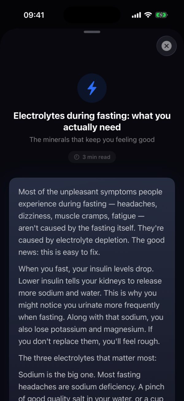Burn's in-app article Electrolytes during fasting: what you actually need, subtitled The minerals that keep you feeling good