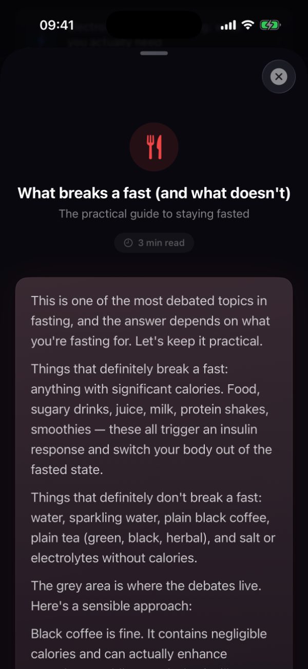 Burn's in-app article What breaks a fast (and what doesn't), subtitled The practical guide to staying fasted