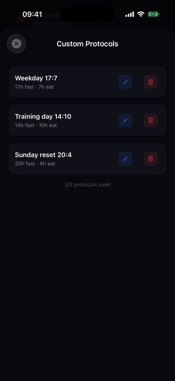 Burn's custom fast protocols screen, with saved custom fasting and eating windows