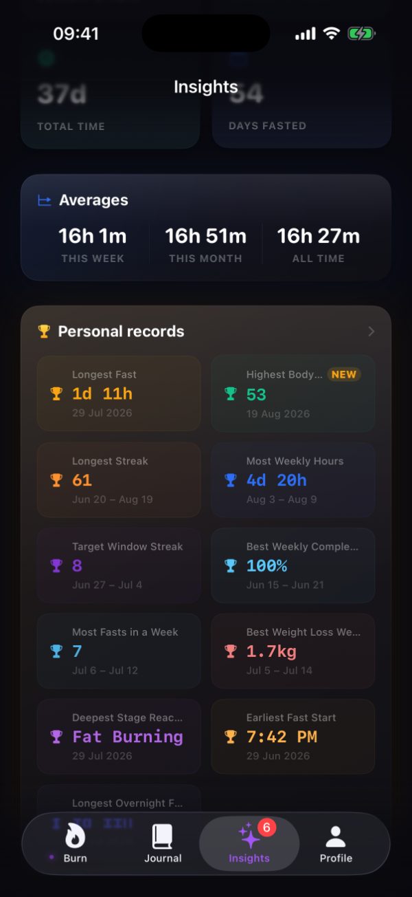 Burn's Insights records section, where the longest streak is kept alongside the other personal records