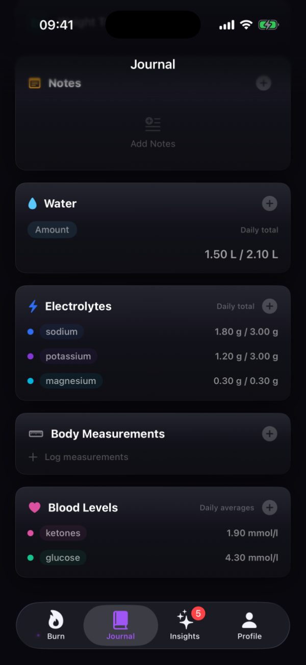 Burn's Journal scrolled through Notes, Water at 1.50 L of a 2.10 L daily total, an Electrolytes card with sodium, potassium and magnesium against daily targets, Body Measurements, and a Blood Levels card showing daily averages for ketones at 1.90 mmol/l and glucose at 4.30 mmol/l