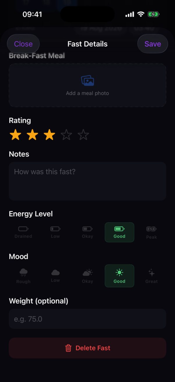 Burn's Fast Details sheet scrolled down, showing a three star rating, a Notes field, Energy Level and Mood each on a five step scale from Drained to Peak and Rough to Great, an optional weight field, and a Delete Fast button