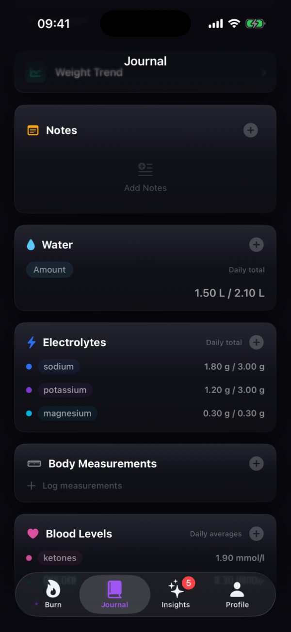 Burn's Journal showing water at 1.50 L of a 2.10 L daily total and an Electrolytes card logging sodium, potassium and magnesium against daily targets