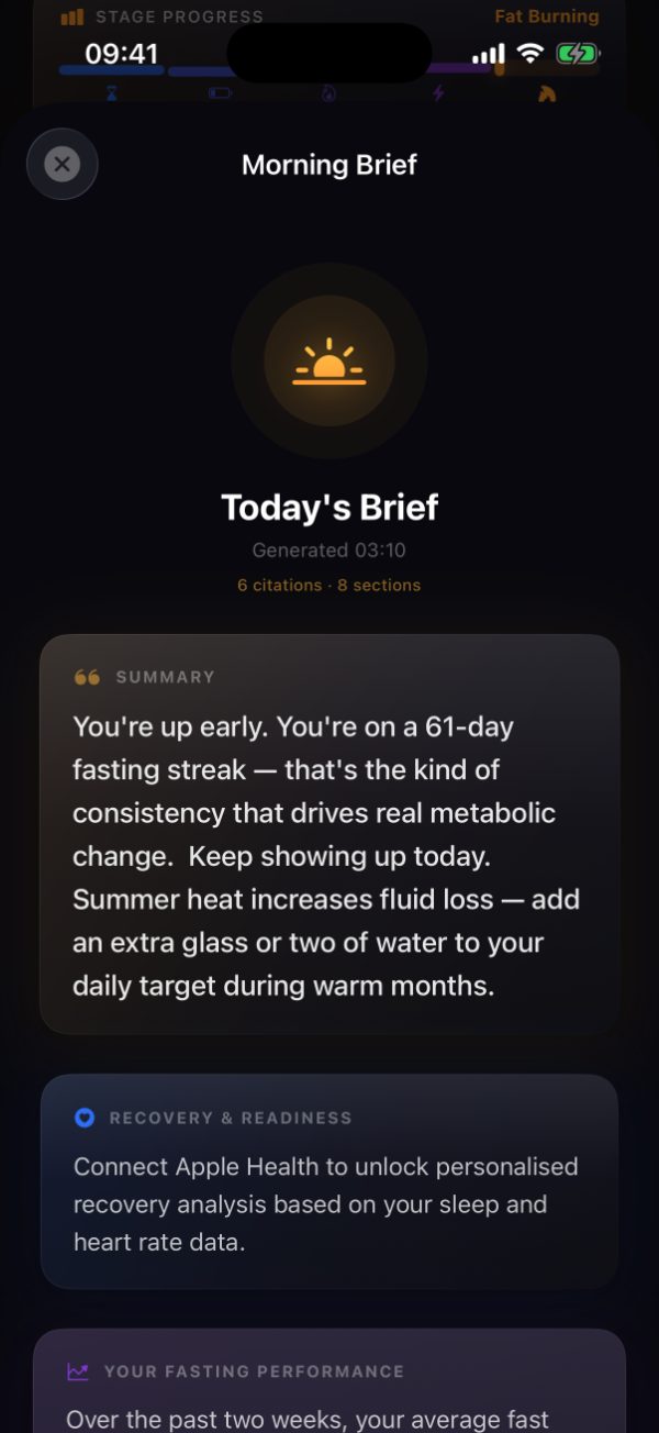 Burn's Morning Brief with today's summary, recovery and readiness, and fasting performance sections