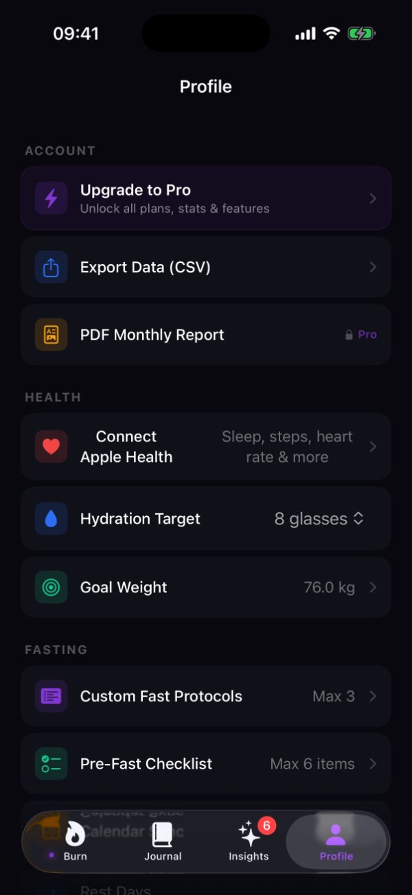 Burn's Profile screen, where the Apple Health connection is granted