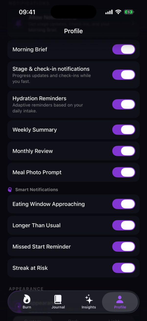 Burn's Profile scrolled to the Smart Notifications group, showing switches for Eating Window Approaching, Longer Than Usual, Missed Start Reminder and Streak at Risk above the Appearance section