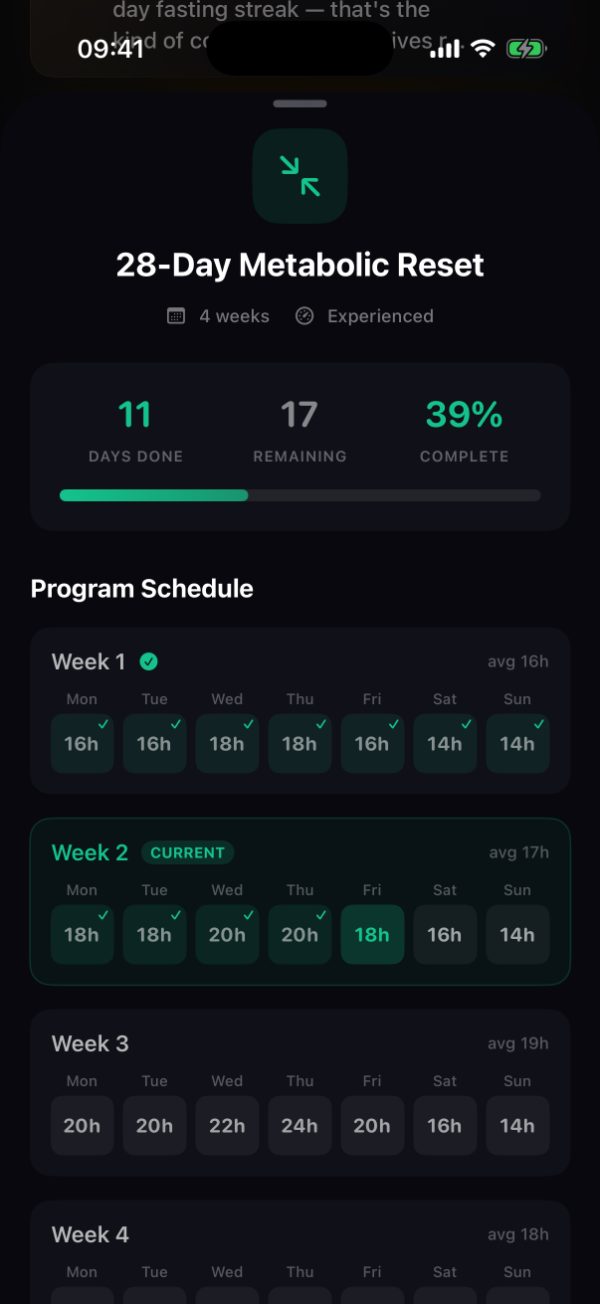 Program progress showing 11 days done, 17 remaining, and week two in progress