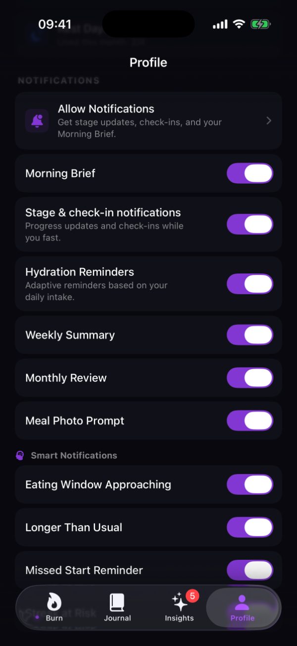 Burn's notification settings, with stage change and goal alerts