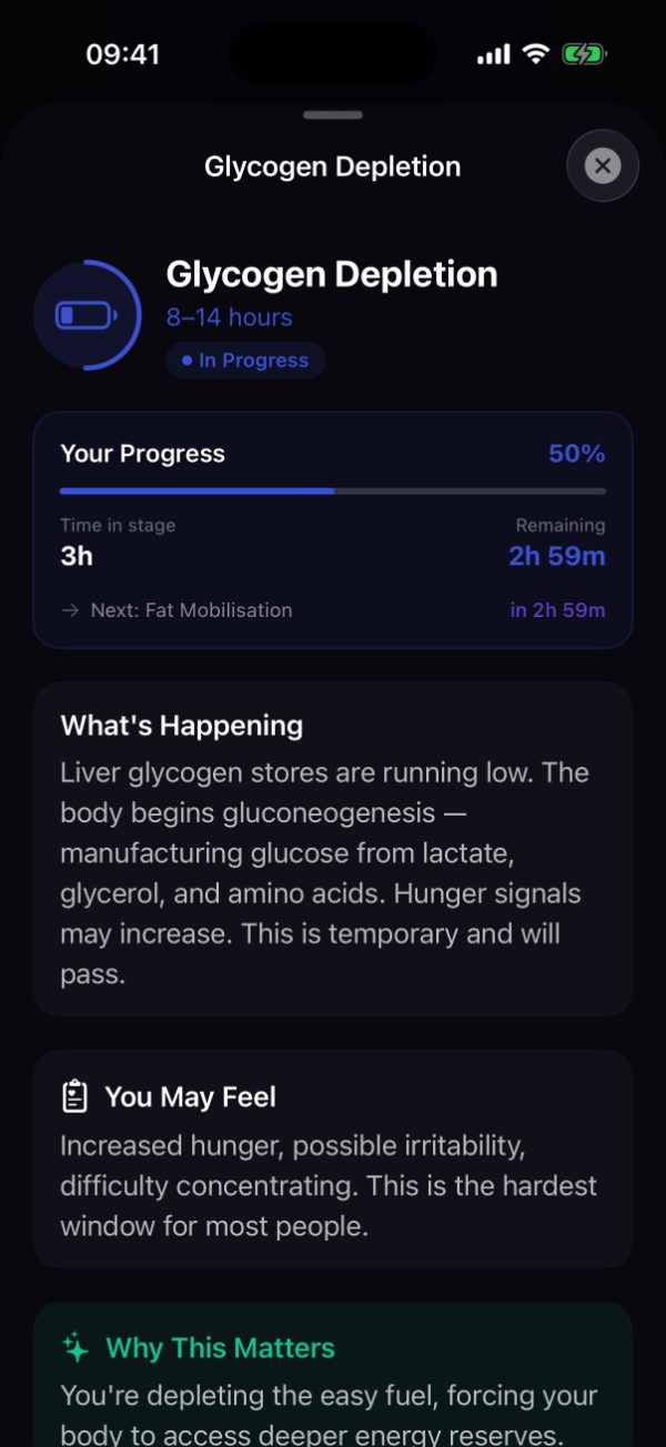 Burn's Glycogen Depletion stage detail, 8 to 14 hours, showing progress and what is happening