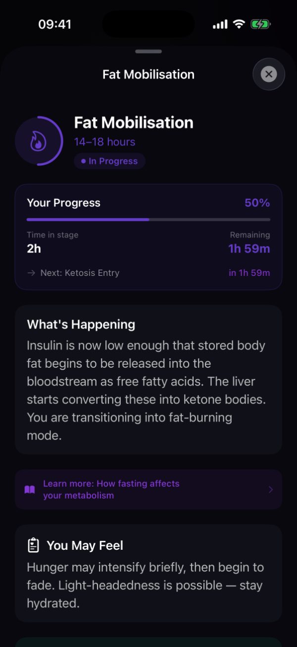 Burn's Fat Mobilisation stage detail, 14 to 18 hours, showing progress and what is happening