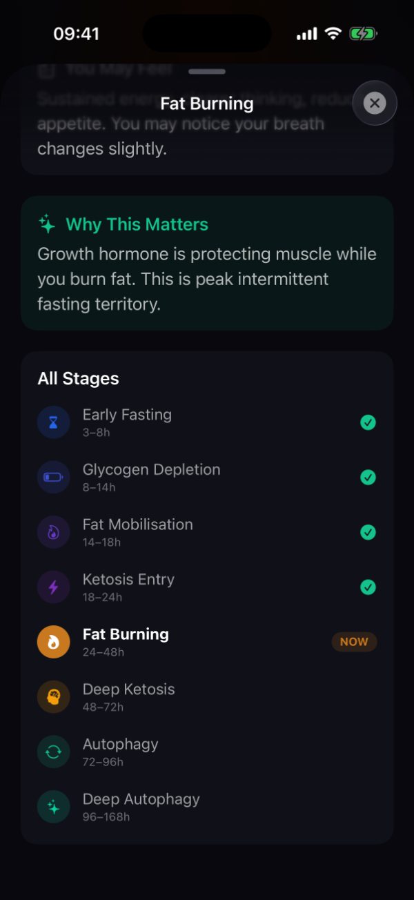Burn's Fat Burning stage sheet at 24 to 48 hours, with a Why This Matters panel about growth hormone protecting muscle, above an All Stages list where the earlier four stages carry checkmarks and Fat Burning is marked NOW