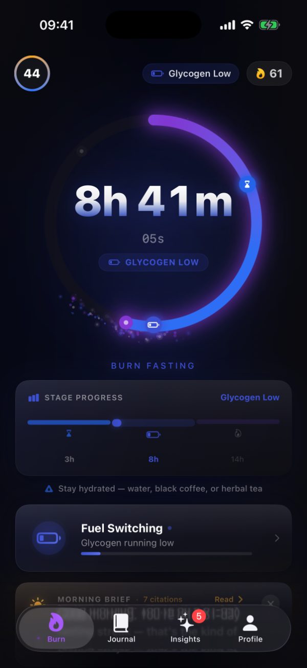 Burn timer at 8 hours 41 minutes, Glycogen Depletion