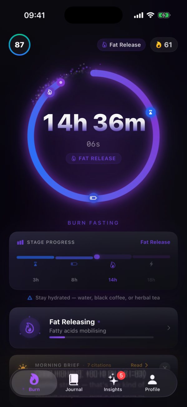 Burn's fasting timer at 14 hours 36 minutes, ring two thirds complete, stage shown as Fat Release