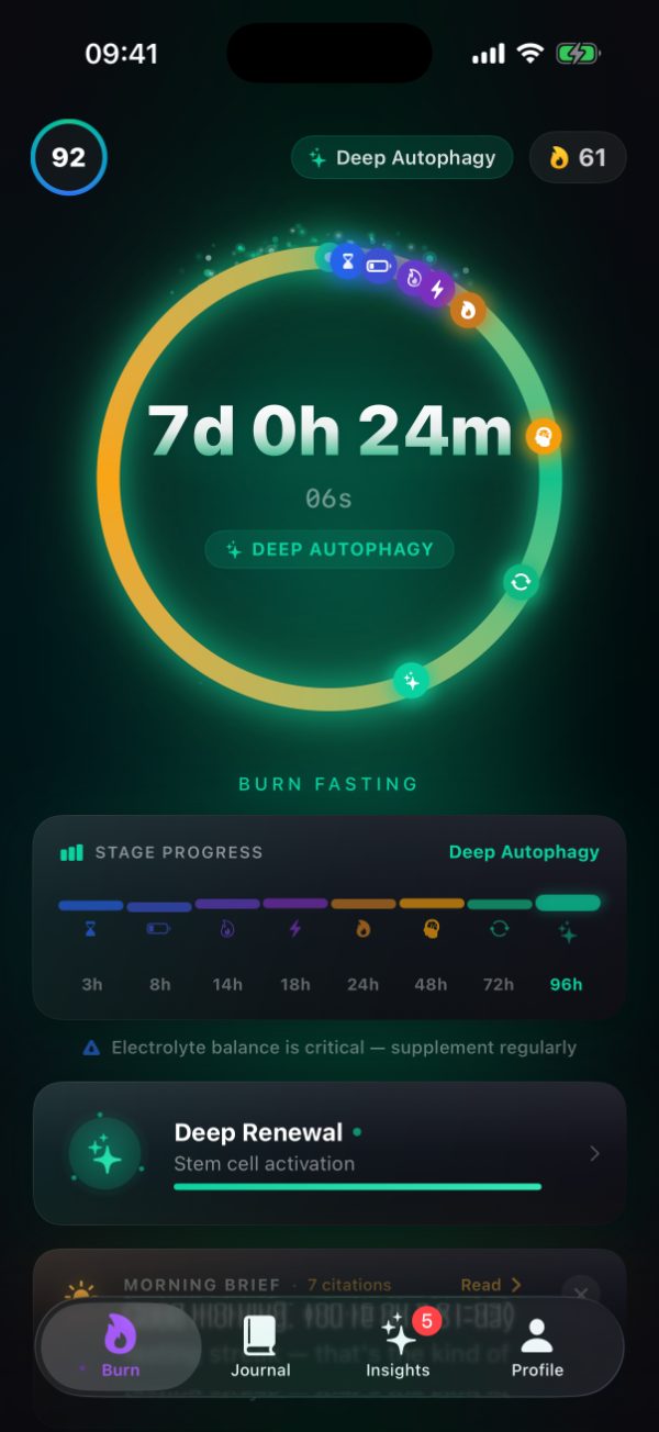 Burn's timer at 7 days 0 hours 24 minutes on an open-ended fast, the stage pill reading DEEP AUTOPHAGY with Body Score 92