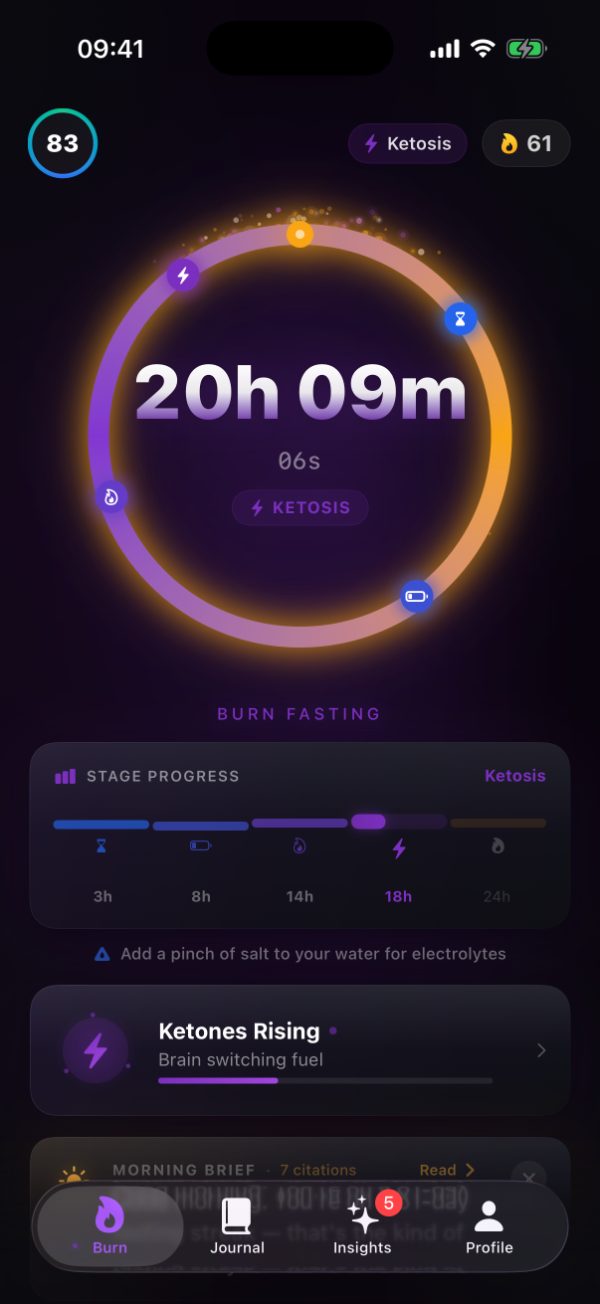 Burn's timer at 20 hours 9 minutes on a 20:4 fast, the stage pill reading KETOSIS