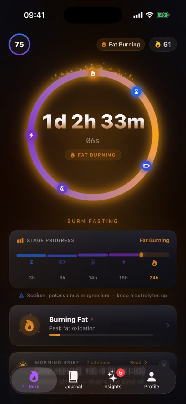 Burn's timer at 1 day 2 hours 33 minutes, the stage pill reading FAT BURNING