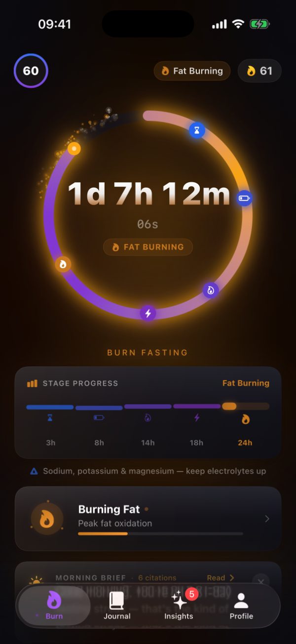 Burn's timer at 1 day 7 hours 12 minutes, the stage pill reading FAT BURNING, with a reminder to keep sodium, potassium and magnesium up and a Burning Fat card reading Peak fat oxidation