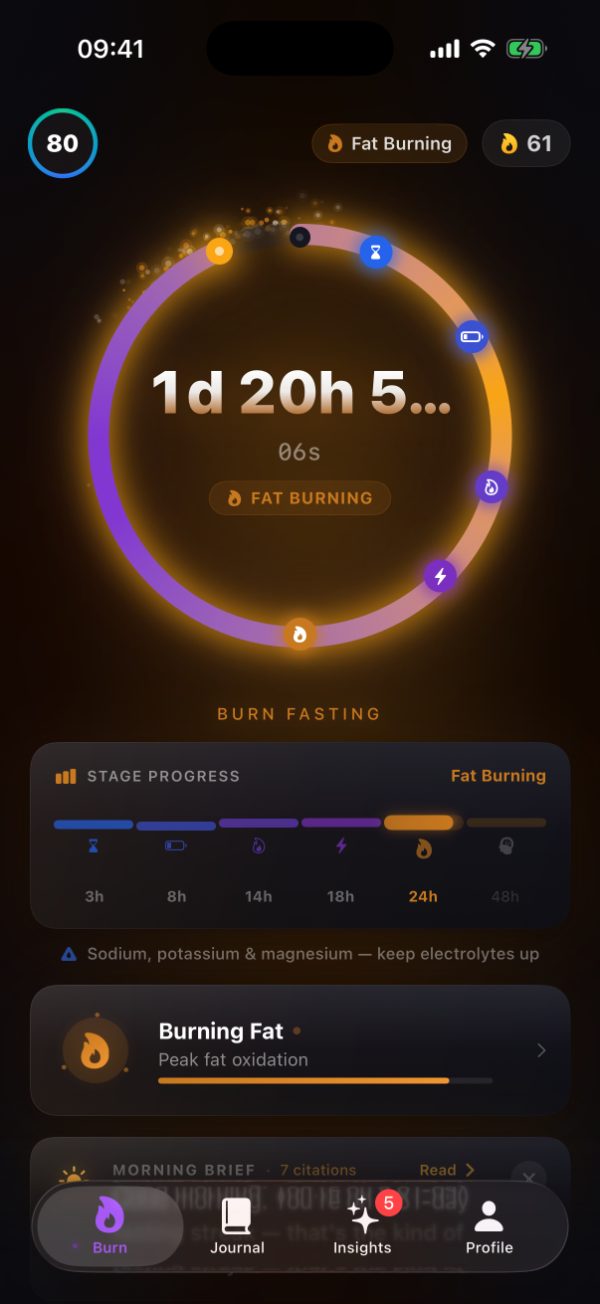 Burn's timer at 1 day 20 hours 51 minutes on a 48 hour fast, the stage pill reading FAT BURNING