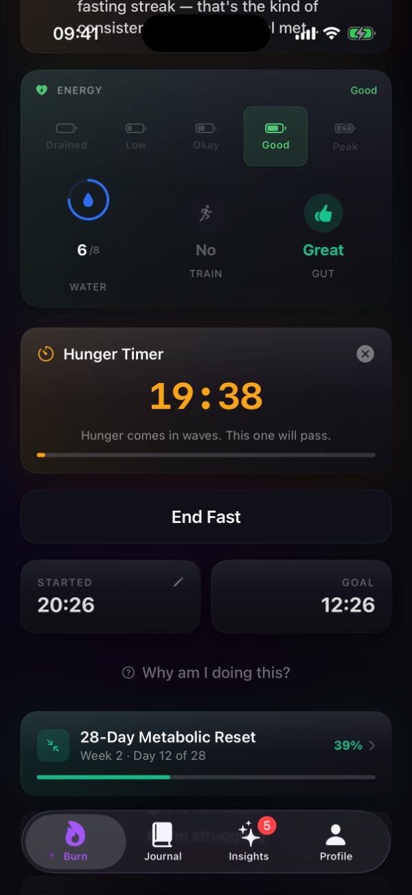 Burn's home screen with a hunger timer counting down from 19 minutes 38 seconds above the End Fast button