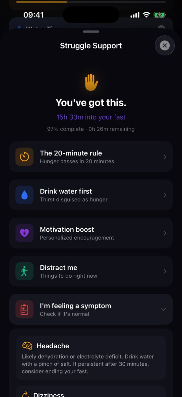 Burn's Struggle Support sheet with the symptom check open, showing guidance for a headache at 15 hours 33 minutes into a fast