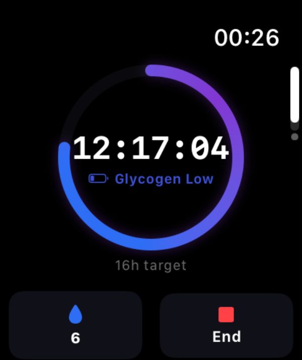 Burn on Apple Watch at 12 hours 17 minutes, the ring part filled in blue and purple, labeled Glycogen Low against a 16h target