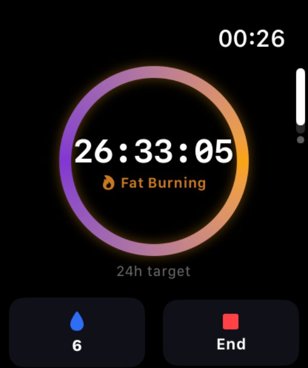 Burn on Apple Watch at 26 hours 33 minutes, the ring in purple and amber, labeled Fat Burning against a 24h target