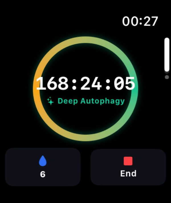 Burn on Apple Watch at 168 hours 24 minutes, the ring complete in amber and green, labeled Deep Autophagy