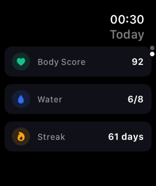 Burn's Today view on Apple Watch, listing Body Score 92, Water 6 of 8 and Streak 61 days
